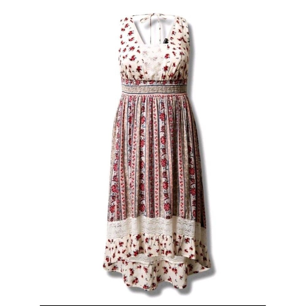 Womens Torrid Maxi Gauze Lace Inset Hi Low Dress Vintage Floral Red 00 Large